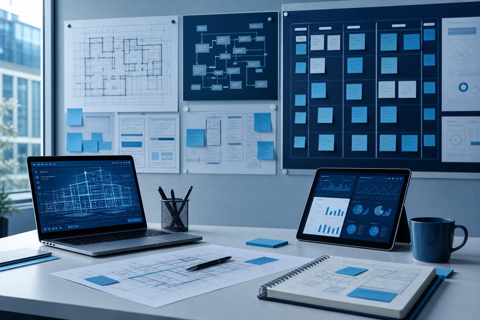 Spazio di lavoro professionale con dashboard digitali blu e appunti di progetto