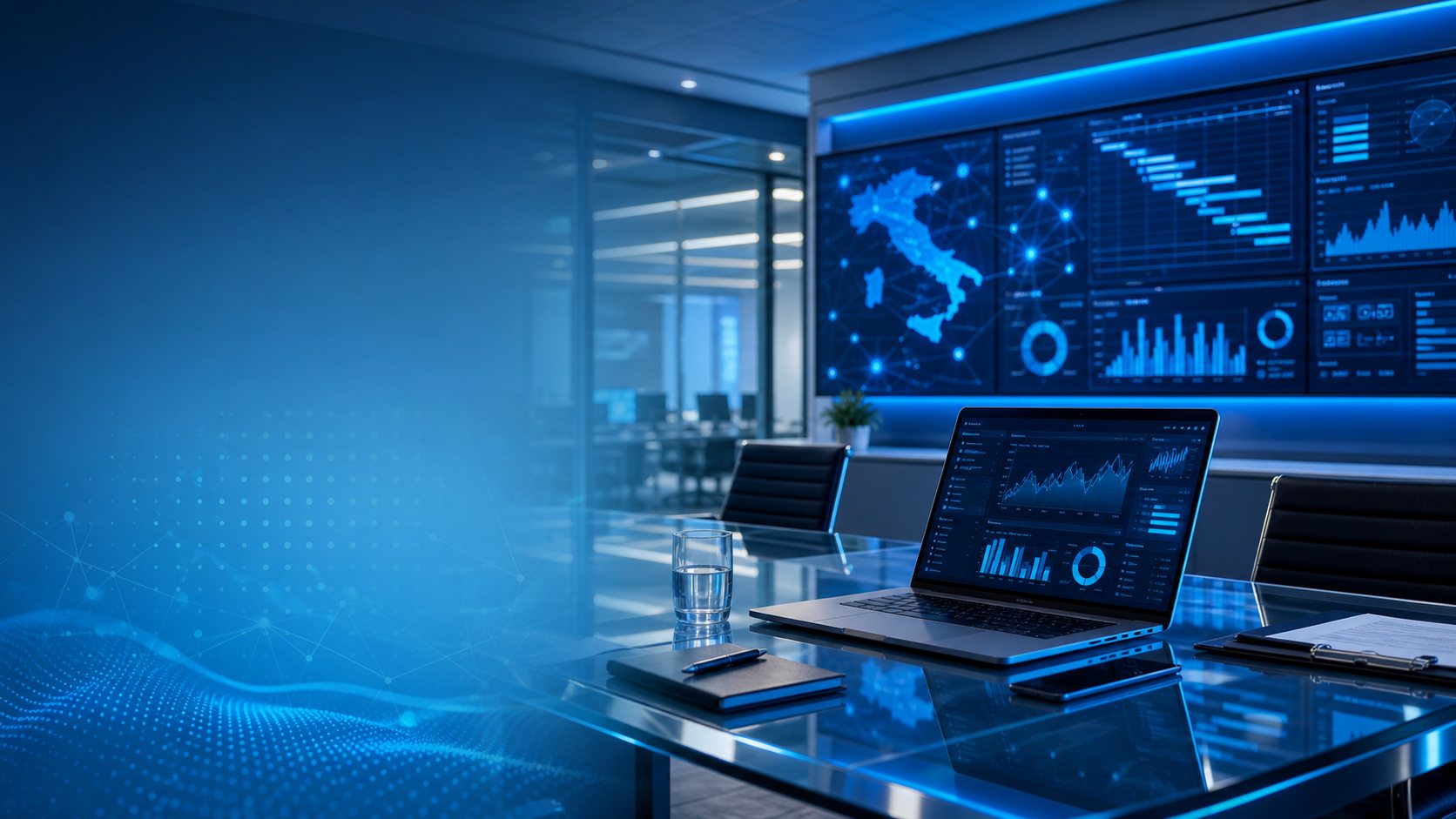 Sala operativa con dashboard blu per consulenza e governance IT