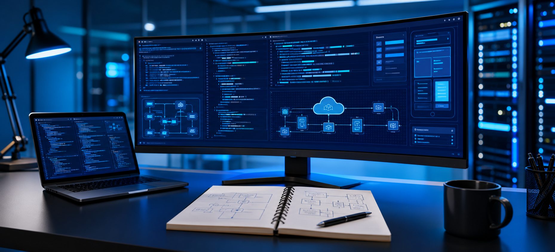 Postazione di sviluppo software con codice, architetture cloud e luci blu