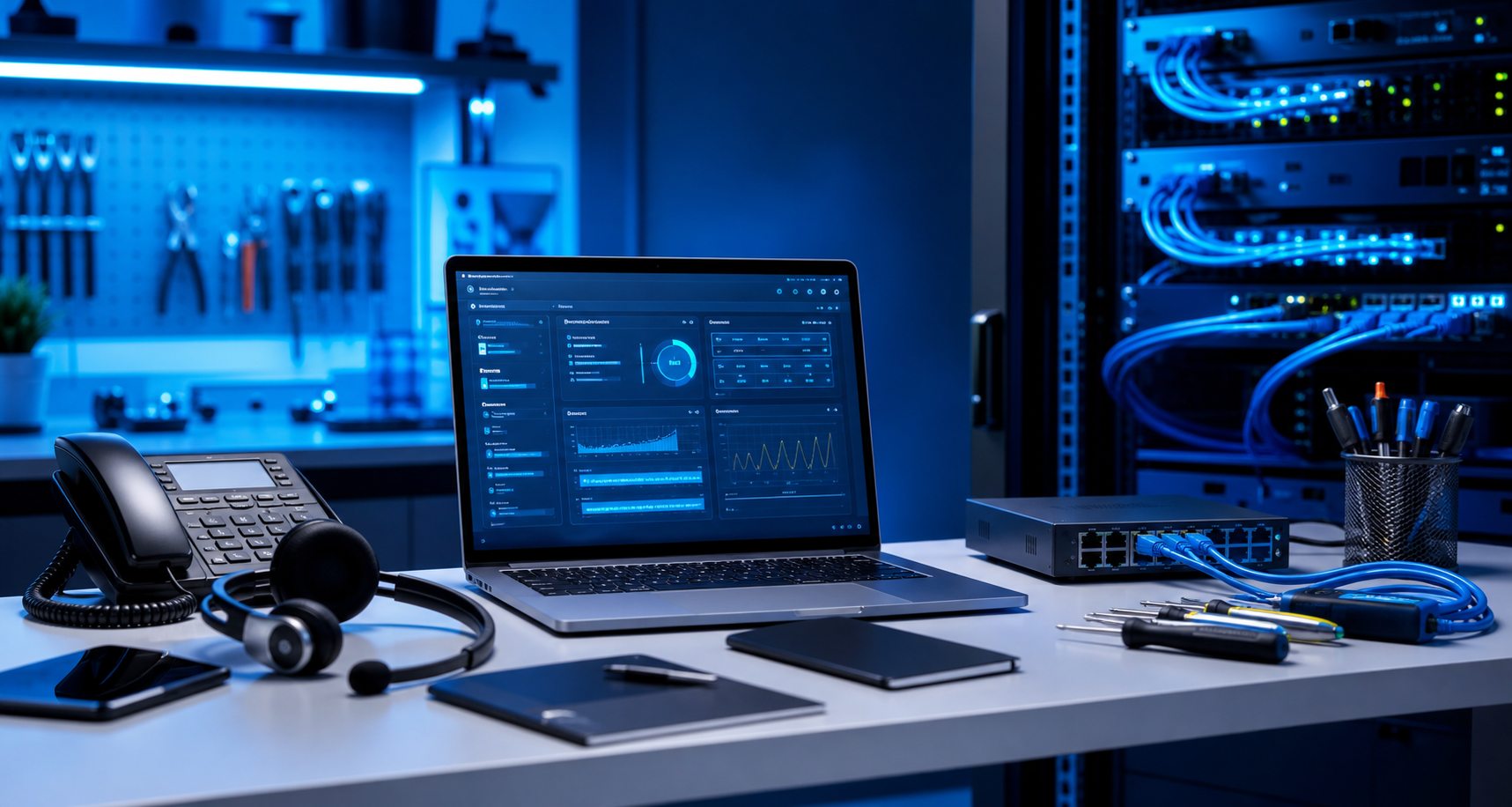Banco tecnico moderno con dispositivi e strumenti di assistenza informatica