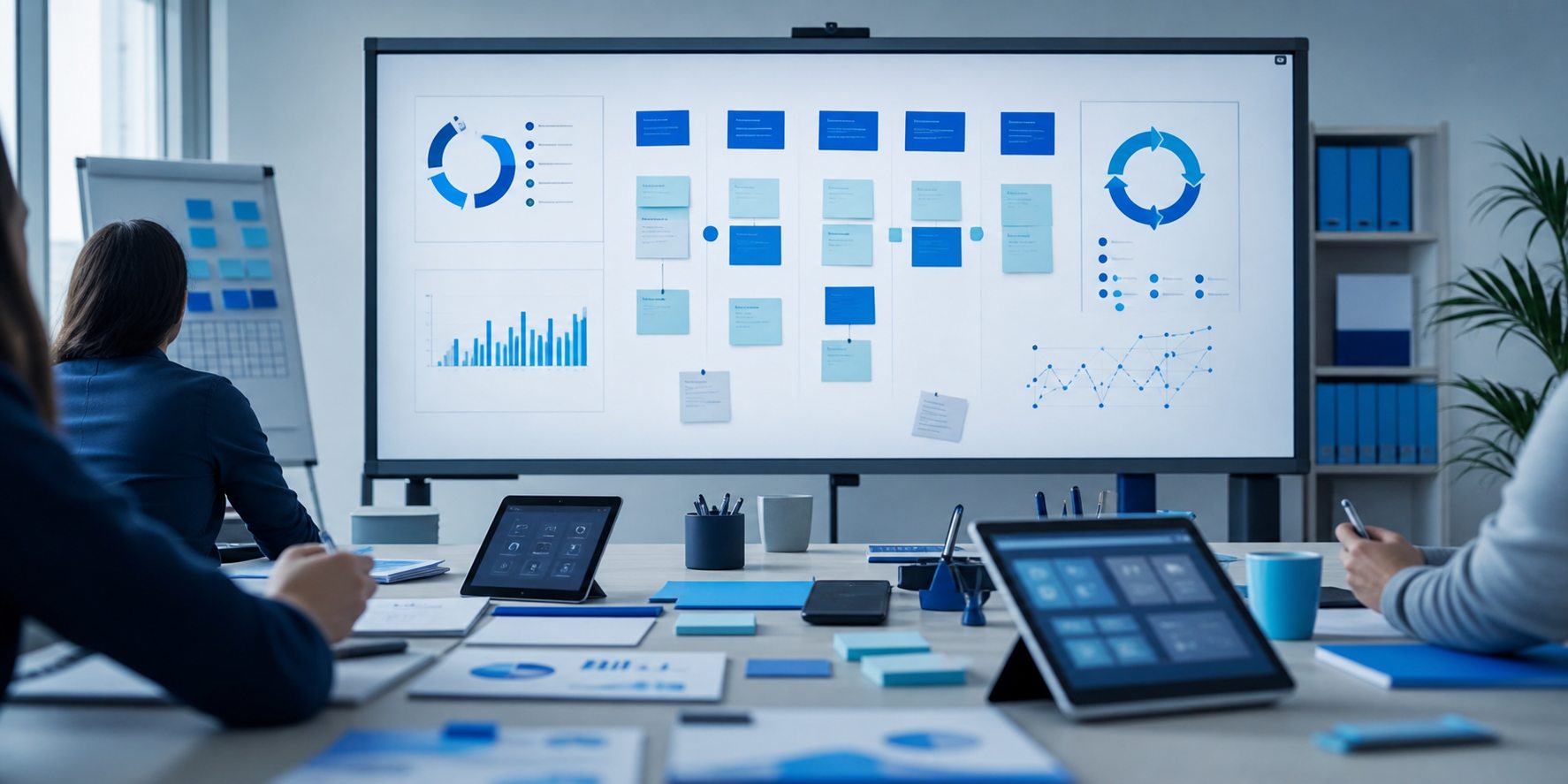 Workshop agile con lavagna digitale e materiali formativi in tonalita blu